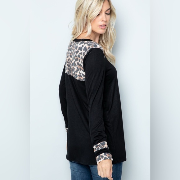 Celeste Full Size Long Sleeve Leopard Spliced T-Shirt - Picture 3 of 4